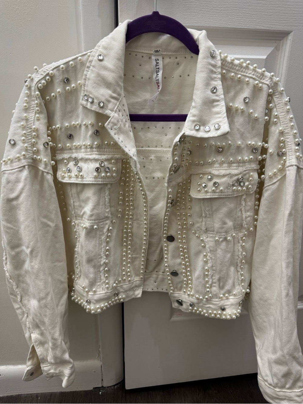 Pearl-Embellished White Denim Jacket- Small